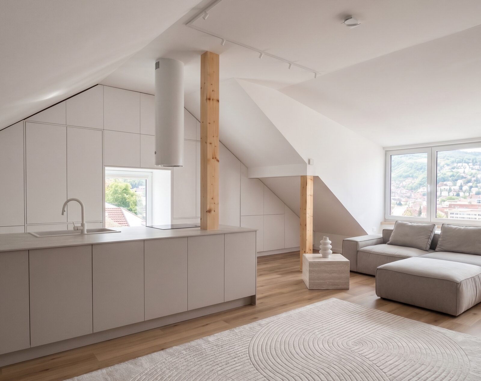 The kitchen line and sofa together, a round rug on oak floor, full-height windows letting the town and the hills into the room.