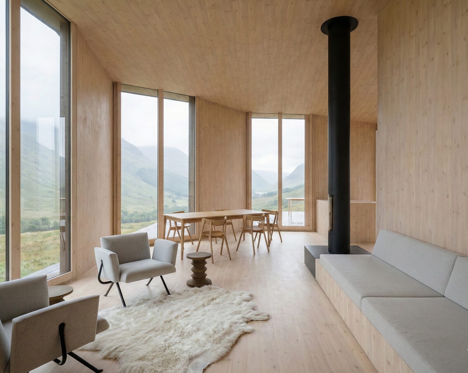 A living room lined entirely in pale timber, with a black woodstove, low armchairs and full-height windows looking out to misty mountains.